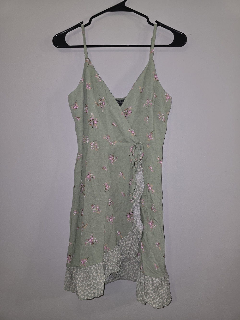 Lily Rose Sage Green Floral Mini Wrap Dress with Pink Blossoms